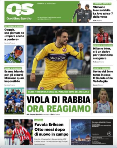 Quotidiani: le prime pagine di Qs, Gazzetta, CorSport, Stadio e Tuttosport