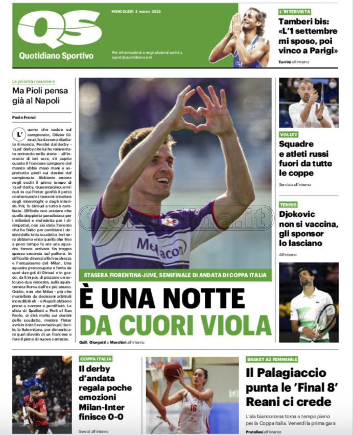 Quotidiani: la prima pagina di Qs, Stadio, Gazzetta, Corriere dello Sport, Tuttosport