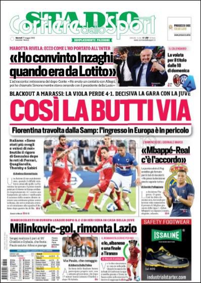 Quotidiani: le prime pagine di Qs, Gazzetta, CorSport, Stadio e Tuttosport