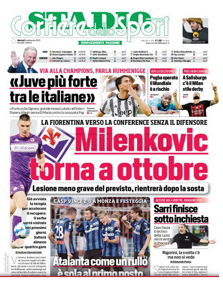 Quotidiani: la prima pagina di Qs, Stadio, Gazzetta, Corriere dello Sport, Tuttosport