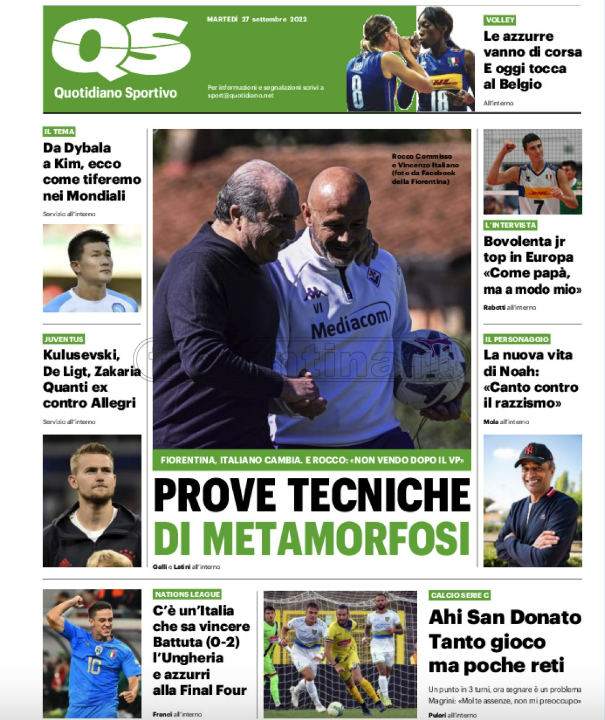 Quotidiani: la prima pagina di Qs, Stadio, Gazzetta, Corriere dello Sport, Tuttosport