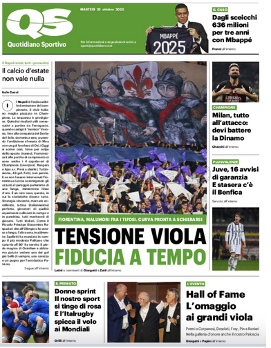 Quotidiani: la prima pagina di Qs, Stadio, Gazzetta, Corriere dello Sport, Tuttosport