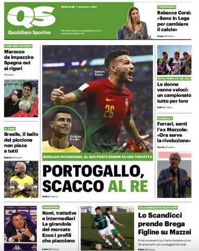 Quotidiani: la prima pagina di Qs, Stadio, Gazzetta, Corriere dello Sport, Tuttosport