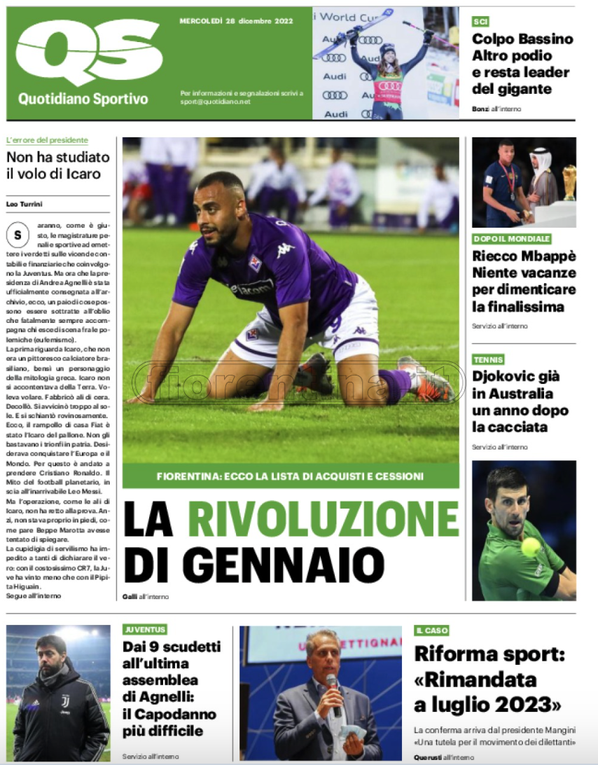 Quotidiani: la prima pagina di Qs, Stadio, Gazzetta, Corriere dello Sport, Tuttosport