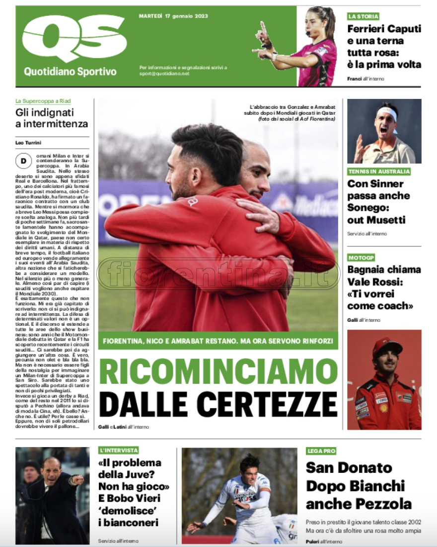Quotidiani: la prima pagina di Qs, Stadio, Gazzetta, Corriere dello Sport, Tuttosport