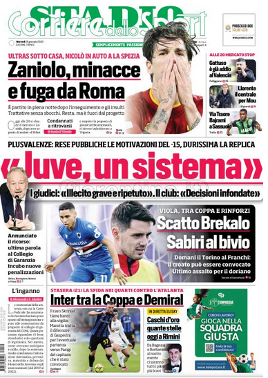 Quotidiani: la prima pagina di Qs, Stadio, Gazzetta, Corriere dello Sport, Tuttosport