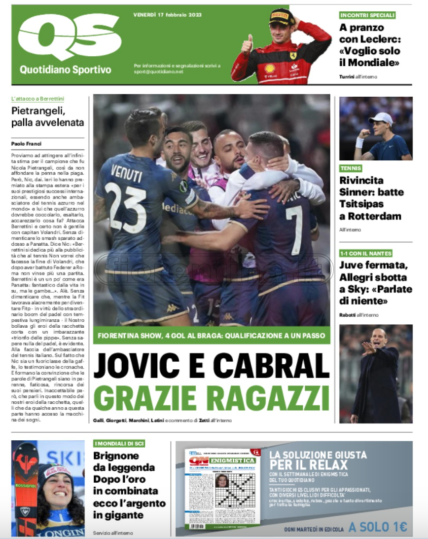 Quotidiani: la prima pagina di Qs, Stadio, Gazzetta, Corriere dello Sport, Tuttosport
