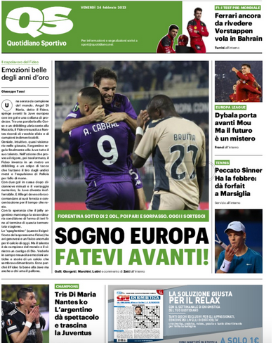 Quotidiani: la prima pagina di Qs, Stadio, Gazzetta, Corriere dello Sport, Tuttosport