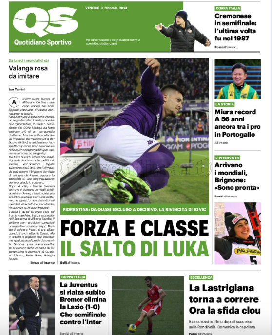 Quotidiani: le prime pagine di Qs, Gazzetta, CorSport, Stadio e Tuttosport