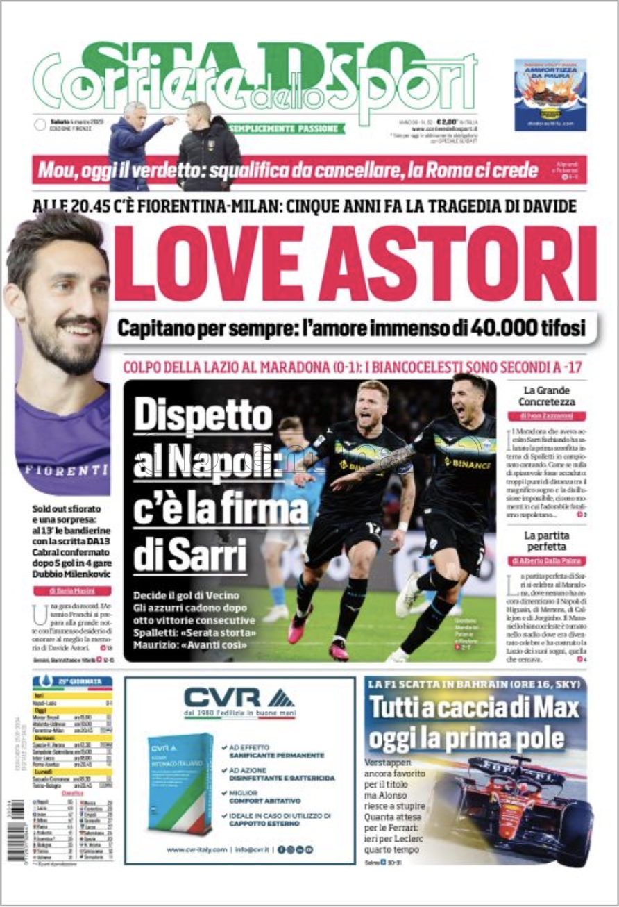 Quotidiani: le prime pagine di QS, Gazzetta, CorSport, Stadio e Tuttosport