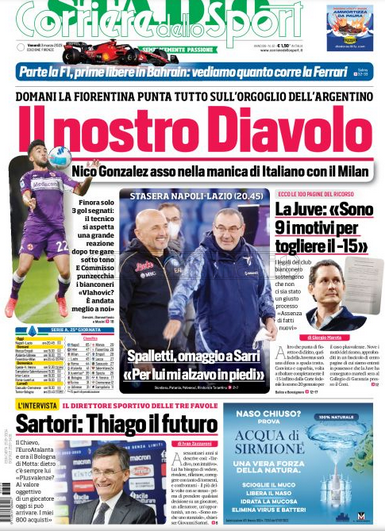 Quotidiani: la prima pagina di Qs, Stadio, Gazzetta, Corriere dello Sport, Tuttosport