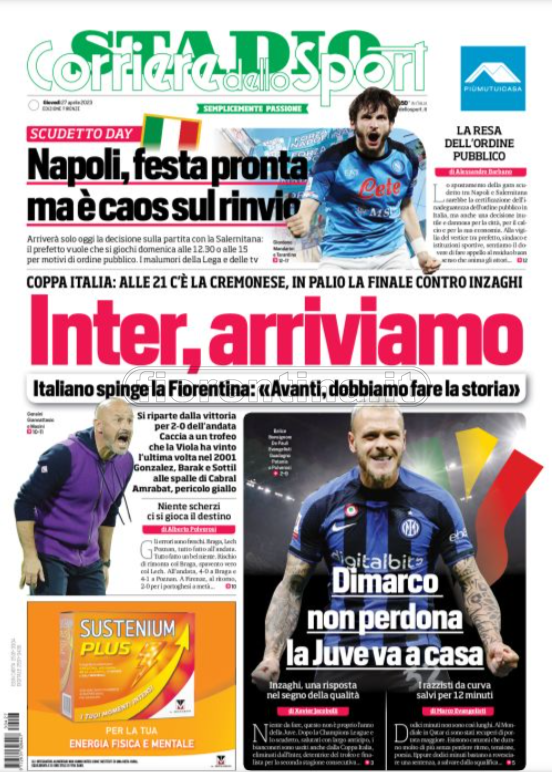 Quotidiani: la prima pagina di Qs, Stadio, Gazzetta, Corriere dello Sport, Tuttosport