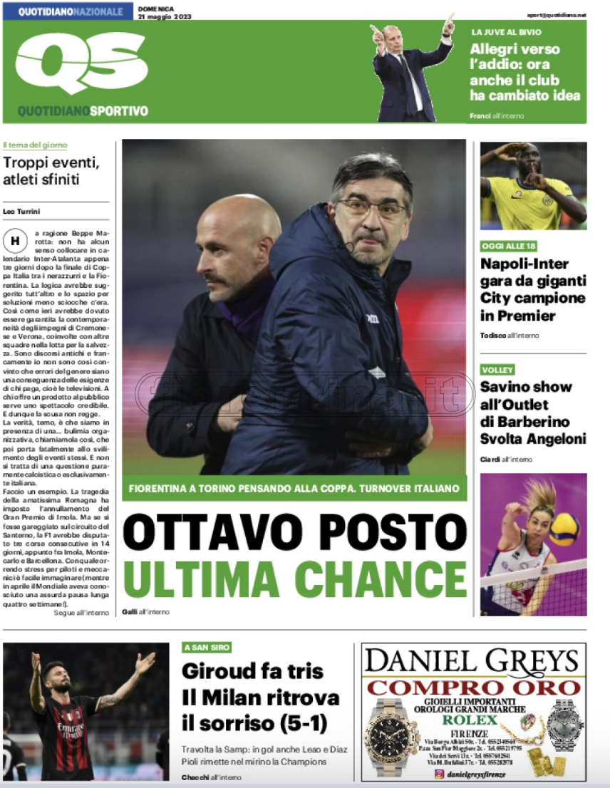 Quotidiani: la prima pagina di Qs, Stadio, Gazzetta, Corriere dello Sport, Tuttosport