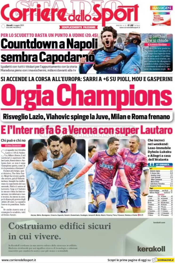 Quotidiani: la prima pagina di Qs, Gazzetta, Corriere dello Sport, Stadio e Tuttosport