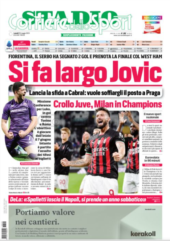 Quotidiani: le prime pagine di Qs, Gazzetta, CorSport, Stadio e Tuttosport