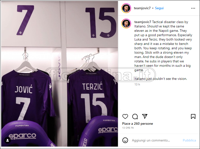 Jovic-Terzic, doppio scivolone social: condividono un post polemico con le scelte di Italiano