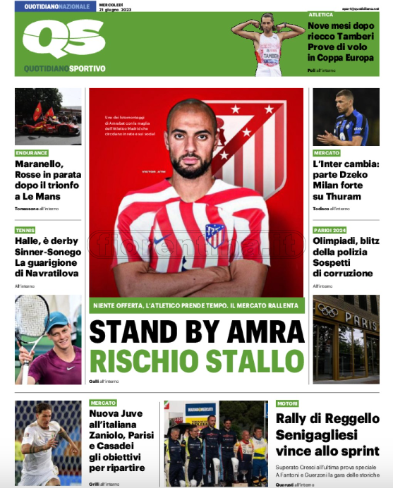 Quotidiani: le prime pagine di Qs, Gazzetta, CorSport, Stadio e Tuttosport