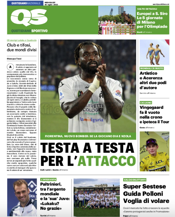 Quotidiani: le prime pagine di Qs, Stadio, Gazzetta, Corriere dello Sport, Tuttosport