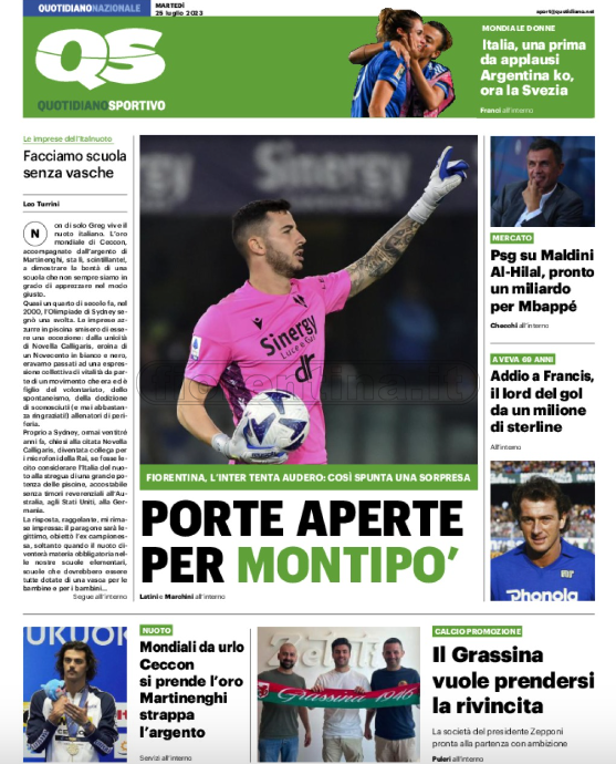 Quotidiani: le prime pagine di Qs, Gazzetta, CorSport, Stadio e Tuttosport
