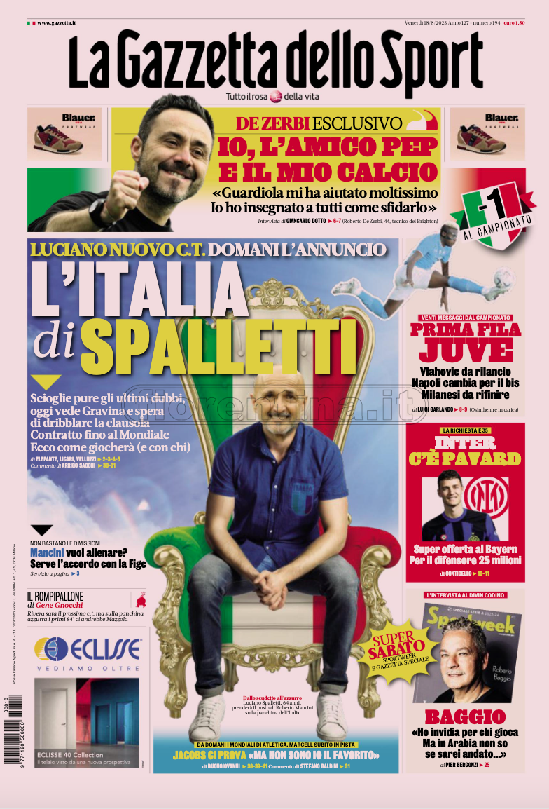 Quotidiani: la prima pagina di Qs, Stadio, Gazzetta, Corriere dello Sport, Tuttosport