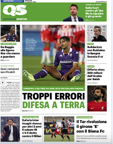 Quotidiani: la prima pagina di Qs, Stadio, Gazzetta, Corriere dello Sport, Tuttosport