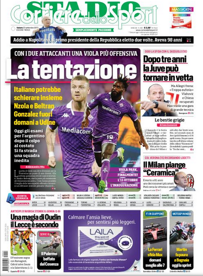 Quotidiani: la prima pagina di Qs, Stadio, Gazzetta, Corriere dello Sport, Tuttosport