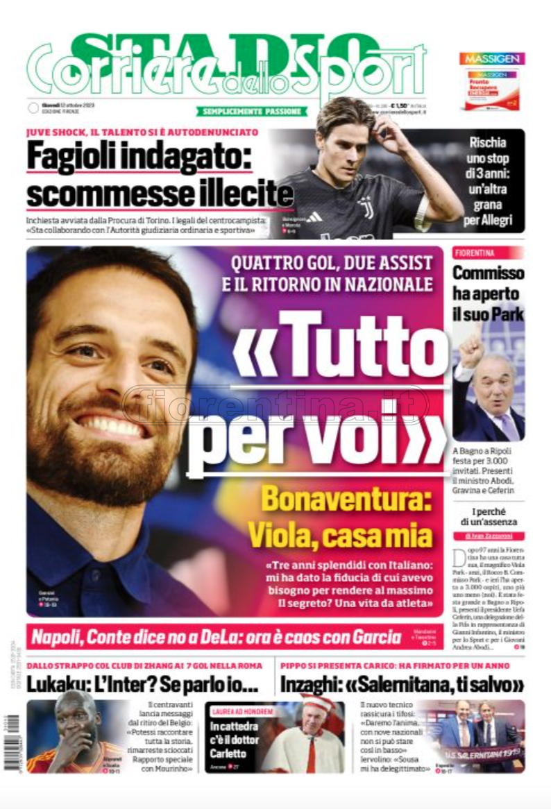 Quotidiani: la prima pagina di Qs, Stadio, Gazzetta, Corriere dello Sport, Tuttosport