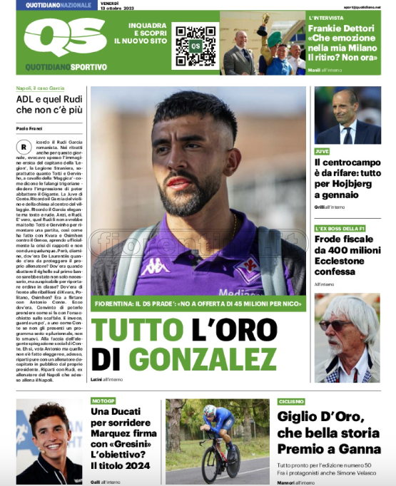 Quotidiani: la prima pagina di Qs, Stadio, Gazzetta, Corriere dello Sport, Tuttosport