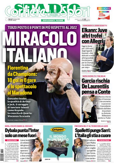 Quotidiani: la prima pagina di Qs, Stadio, Gazzetta, Corriere dello Sport, Tuttosport