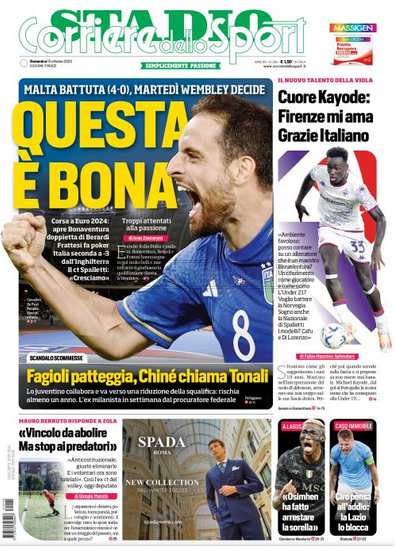 Quotidiani: la prima pagina di Qs, Stadio, Gazzetta, Corriere dello Sport, Tuttosport