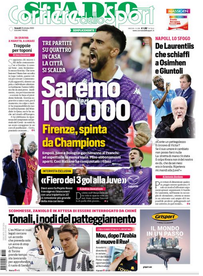 Quotidiani: la prima pagina di Qs, Stadio, Gazzetta, Corriere dello Sport, Tuttosport