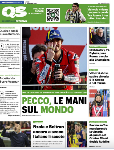 Quotidiani: la prima pagina di Qs, Stadio, Gazzetta, Corriere dello Sport, Tuttosport