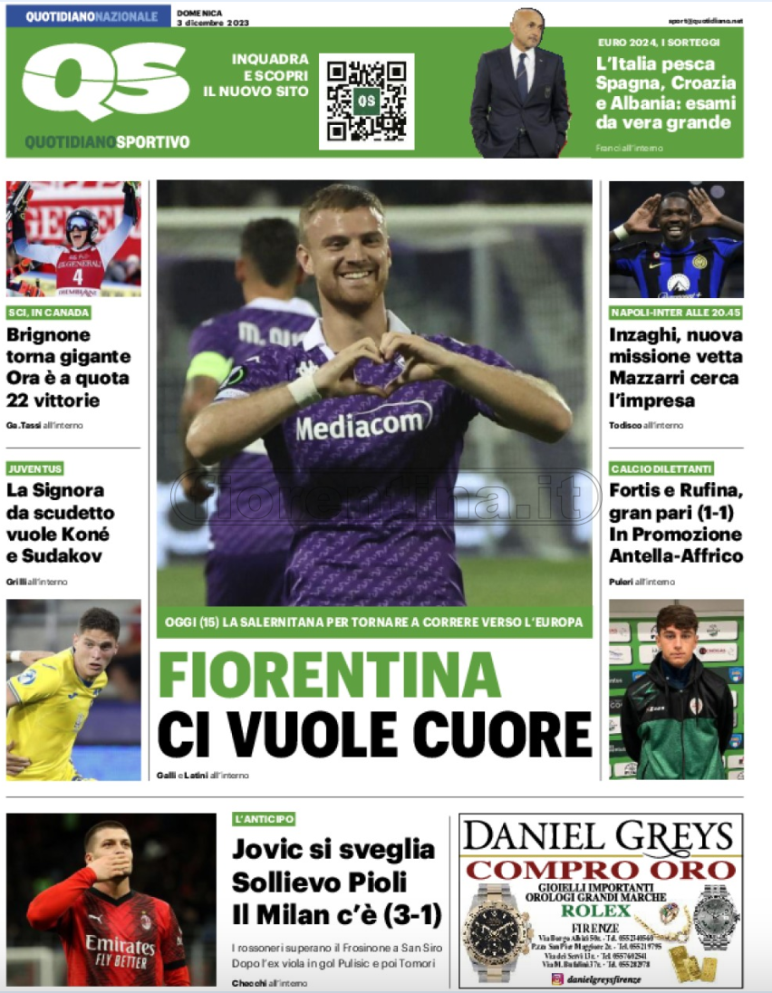 Quotidiani: la prima pagina di Qs, Stadio, Gazzetta, Corriere dello Sport, Tuttosport