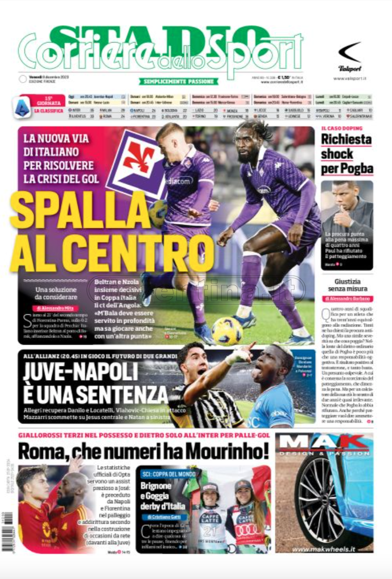 Quotidiani: la prima pagina di Qs, Stadio, Gazzetta, Corriere dello Sport, Tuttosport