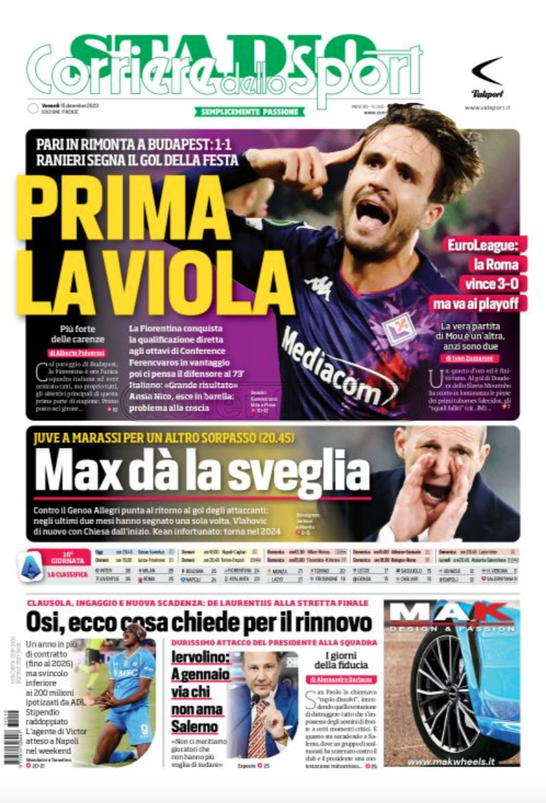 Quotidiani: la prima pagina di Qs, Stadio, Gazzetta, Corriere dello Sport, Tuttosport