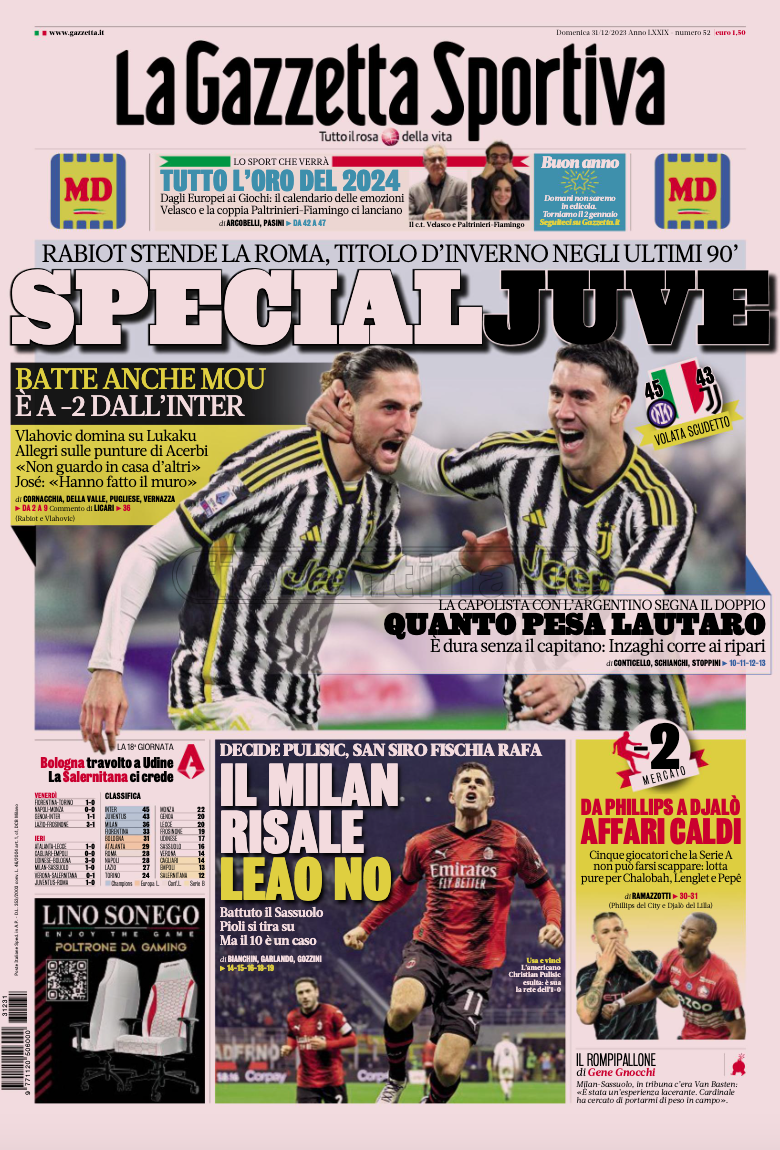 Quotidiani: la prima pagina di Qs, Stadio, Gazzetta, Corriere dello Sport, Tuttosport