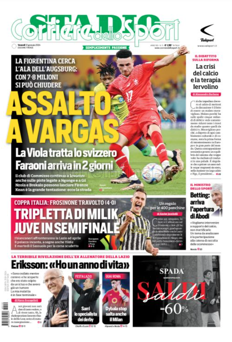Quotidiani: la prima pagina di Qs, Stadio, Gazzetta, Corriere dello Sport, Tuttosport