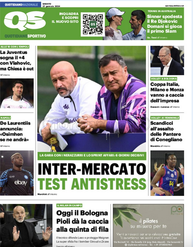 Quotidiani: la prima pagina di Qs, Stadio, Gazzetta, Corriere dello Sport, Tuttosport