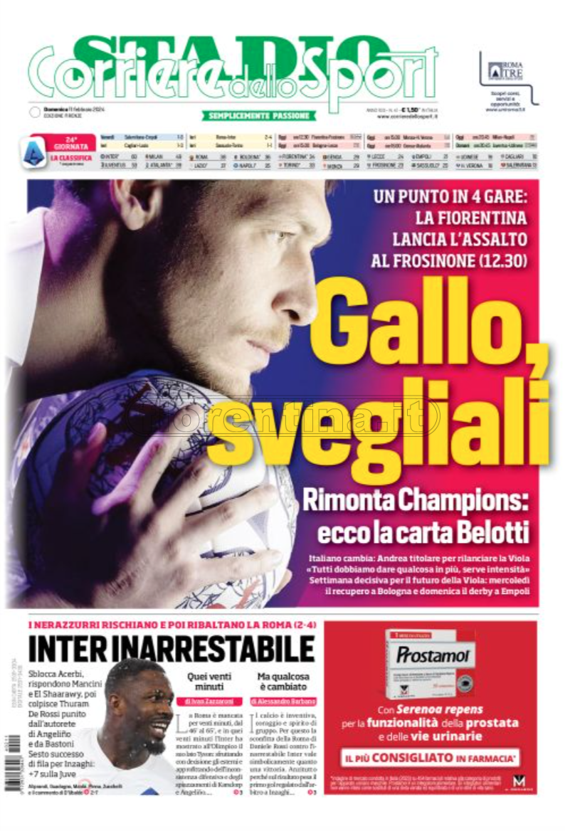Quotidiani: la prima pagina di Qs, Stadio, Gazzetta, Corriere dello Sport, Tuttosport