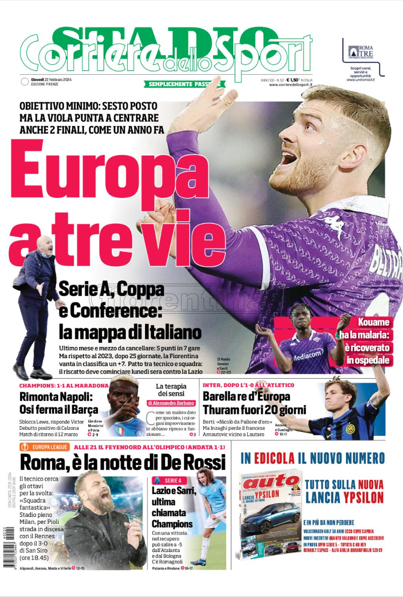 Quotidiani: la prima pagina di Qs, Stadio, Gazzetta, Corriere dello Sport, Tuttosport