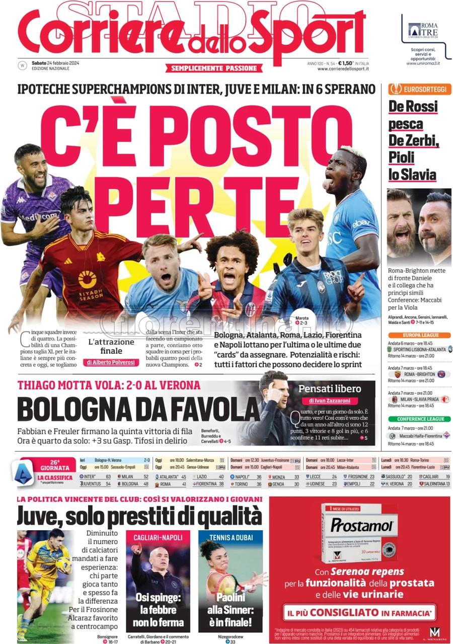 Quotidiani: le prime pagine di Qs, Gazzetta, CorSport, Stadio e Tuttosport