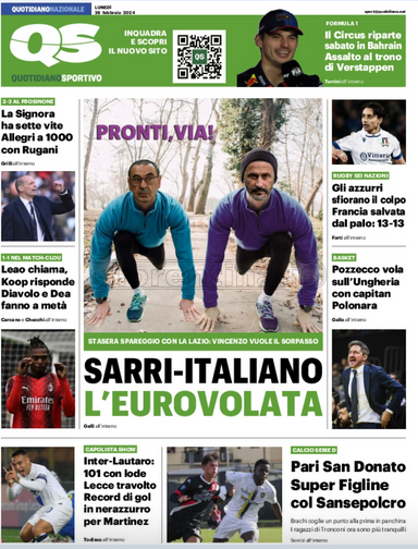 Quotidiani: la prima pagina di Qs, Stadio, Gazzetta, Corriere dello Sport, Tuttosport