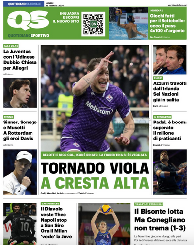 Quotidiani: la prima pagina di Qs, Stadio, Gazzetta, Corriere dello Sport, Tuttosport