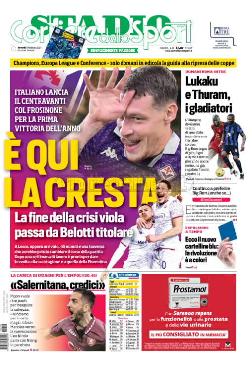 Quotidiani: la prima pagina di Qs, Stadio, Gazzetta, Corriere dello Sport, Tuttosport