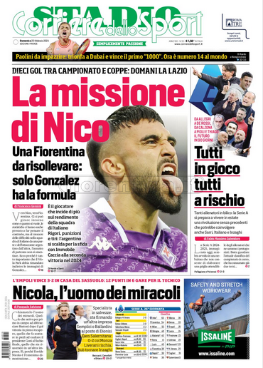 Quotidiani: la prima pagina di Qs, Stadio, Gazzetta, Corriere dello Sport, Tuttosport