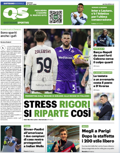 Quotidiani: la prima pagina di Qs, Stadio, Gazzetta, Corriere dello Sport, Tuttosport