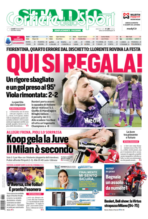 Quotidiani: le prime pagine di Qs, Gazzetta, CorSport, Stadio e Tuttosport