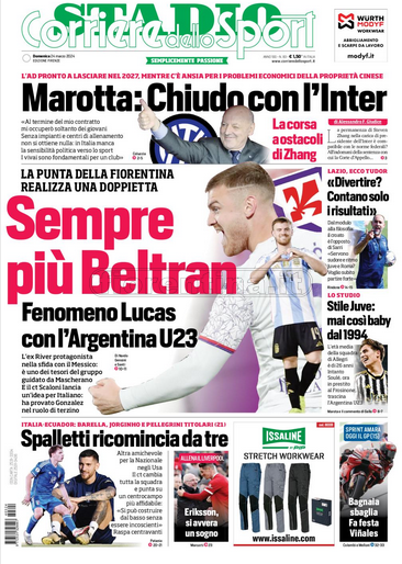 Quotidiani: la prima pagina di Qs, Stadio, Gazzetta, Corriere dello Sport, Tuttosport